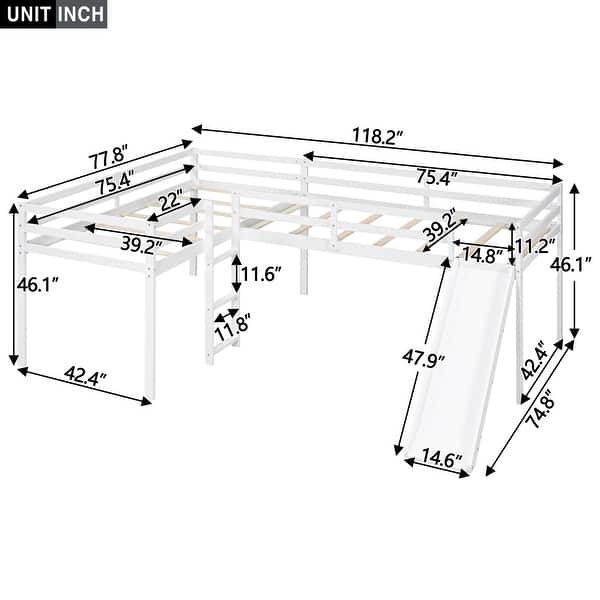 dimension image slide 1 of 2, L-Shaped Twin Size Loft Bed with Slide and Underbed Storage Space