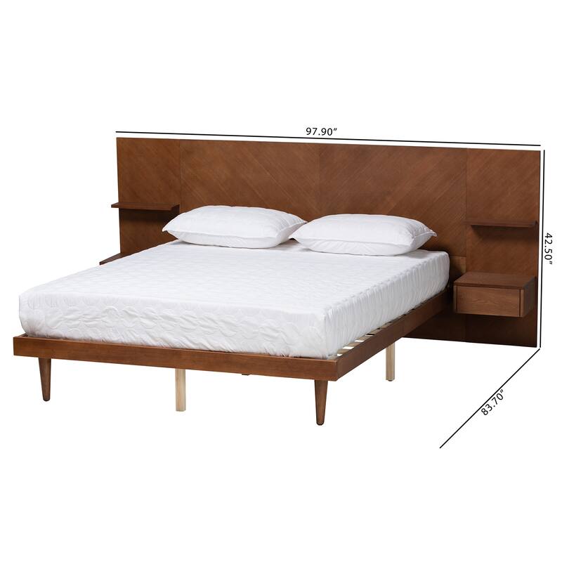 Graham Mid-Century Modern Transitional Ash Walnut Finished Wood Queen Size Platform Storage Bed with Built-In Nightstands