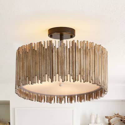 Lusteria 16" Wood Farmhouse 3-Light LED Semi-Flush Mount Ceiling Lighting - Brown