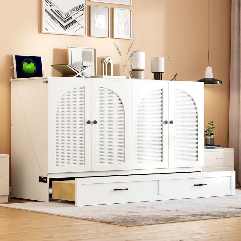 Foldable Rattan Murphy Bed with Storage Large Drawer and USB