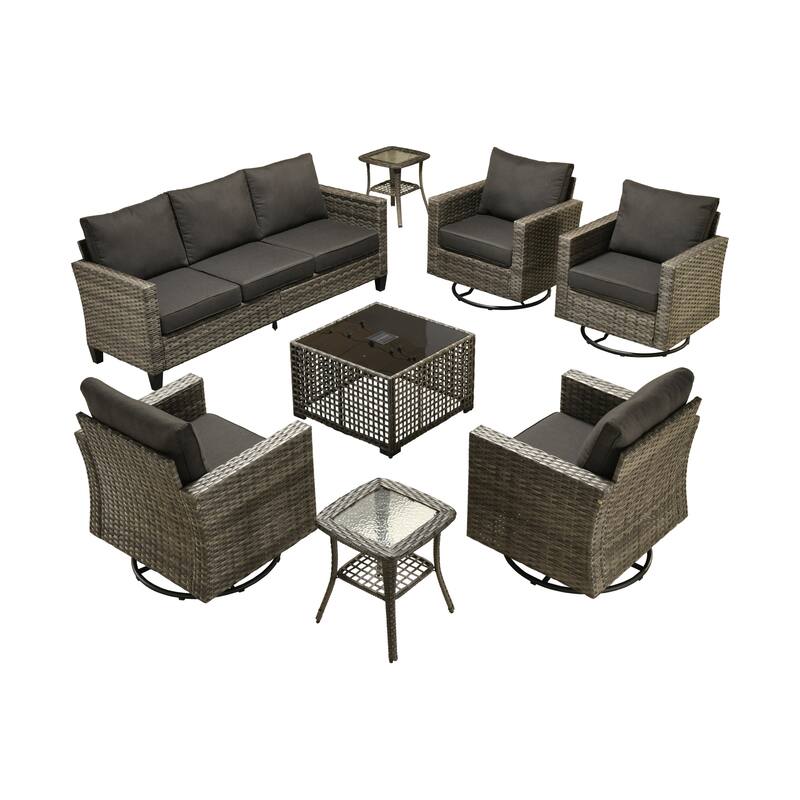 OVIOS 8 Pieces Outdoor Swivel Chair Set with Solar-Powered Table