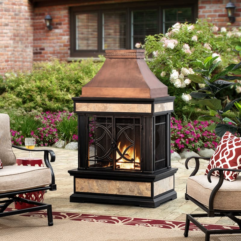Sunjoy Smith Collection Outdoor Patio Wood Burning Steel Fireplace with Chimney, Spark Screen, Fire Poker, and Removable Grate - Cooper