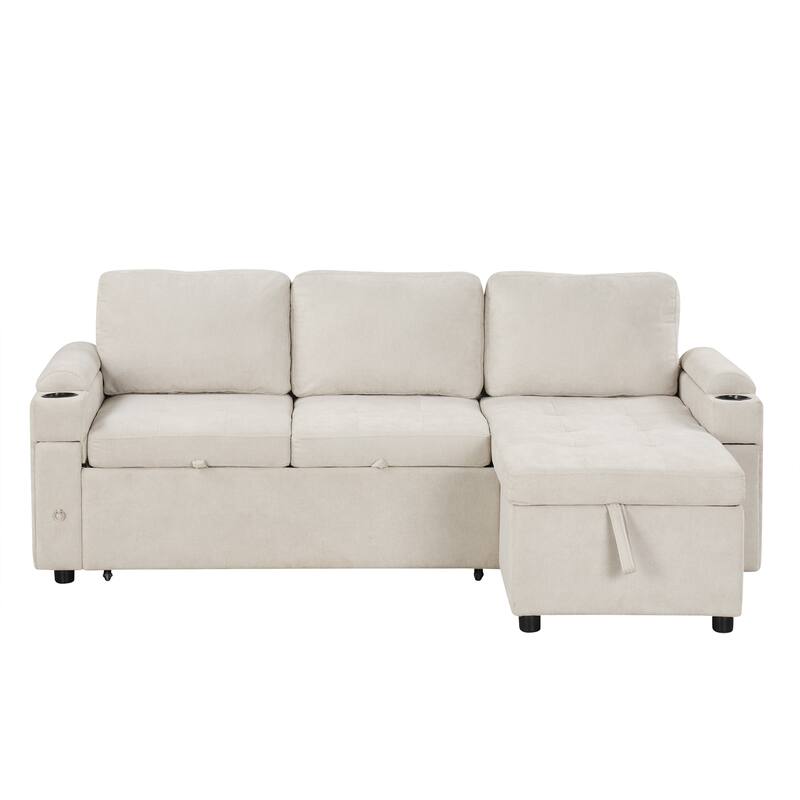83.5" Chenille L-Shaped Sectional Sofa with Convertible Bed & Storage