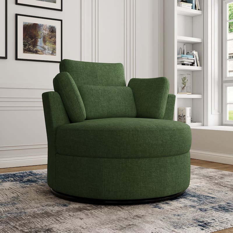 Chenille/Boucle Swivel Barrel Chair with Storage Ottoman - Single Accent Chair - Chenille/Green