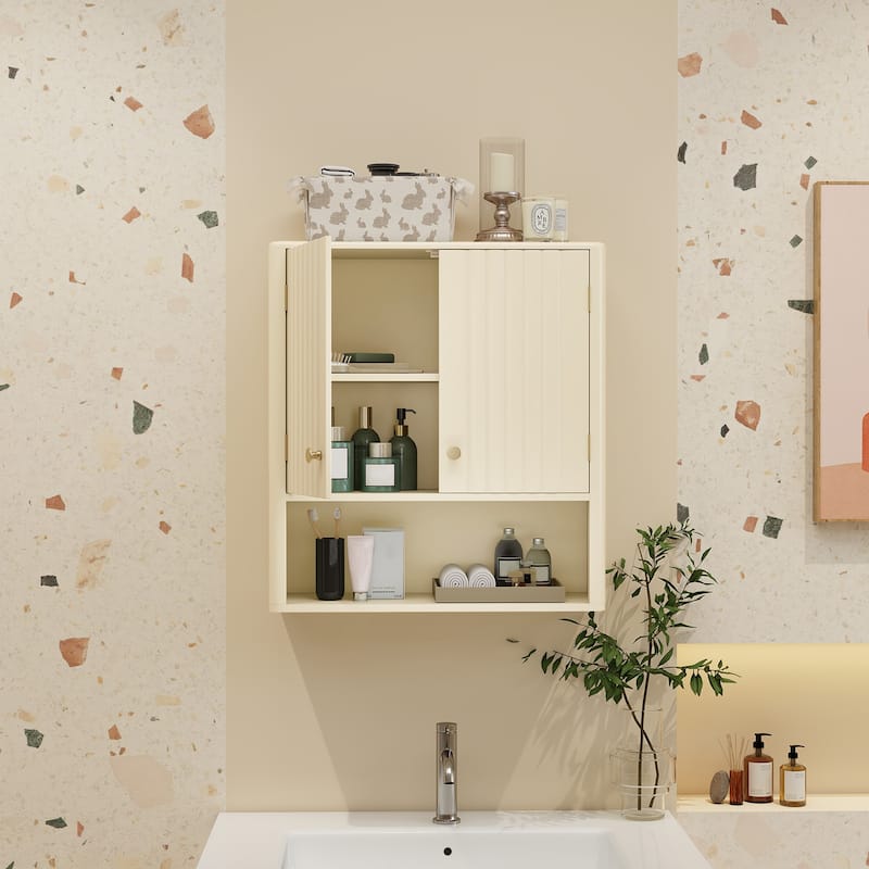 Gymax Bathroom Wall Cabinet w/Fluted Doors Adjustable Shelf Open