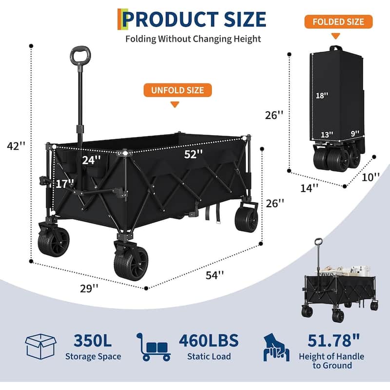 Outdoor Collapsible Folding Wagon Cart, 460lbs Capacity for Beach, Camping, Garden