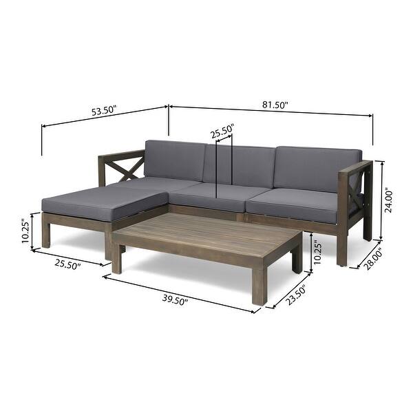 dimension image slide 14 of 17, 2-Piece Acacia Wood Outdoor Sectional Sofa Set with Water-Resistant Cushions, Ottoman, and Coffee Table - Patio Furniture set
