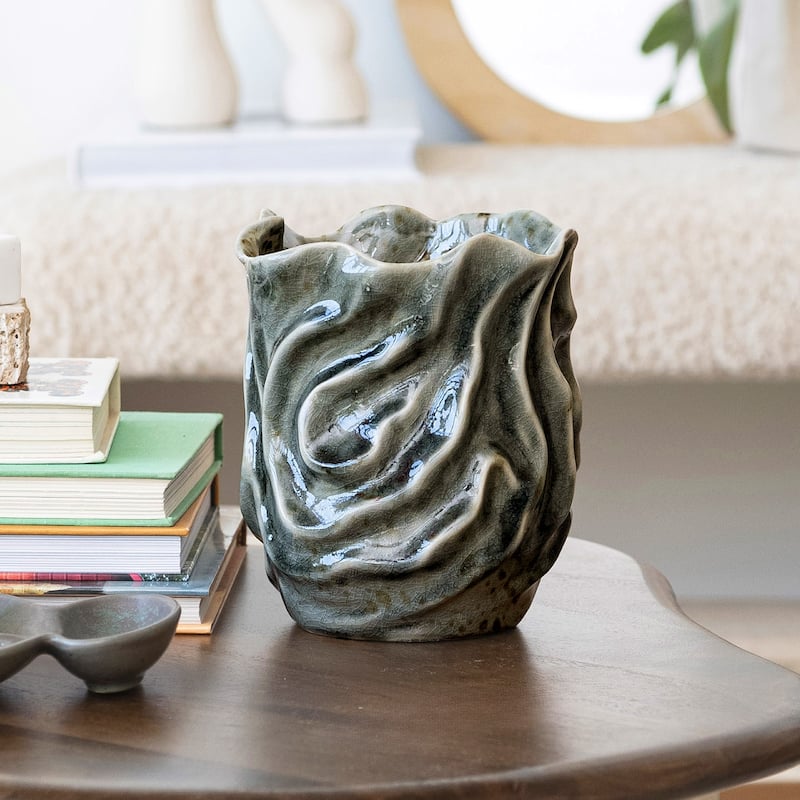 Stoneware Organic Shaped Vase with Crackle Glaze