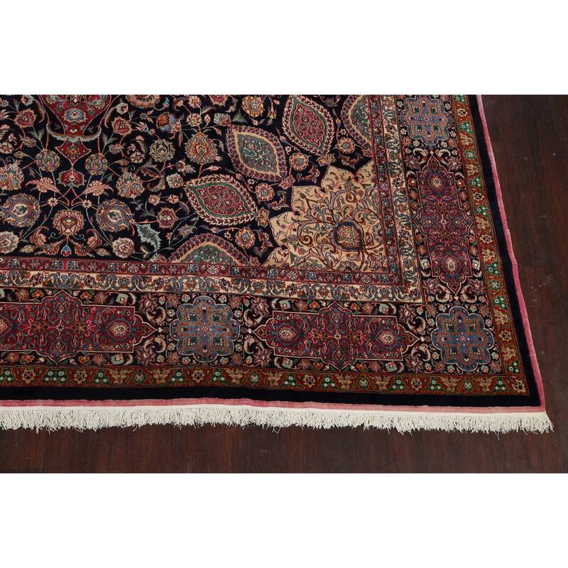 Hand Knotted Oriental 100% Wool Carpet Traditional Floral Navy Blue & Blues Mashad Area Rug - 15' 5'' X 11' 1''