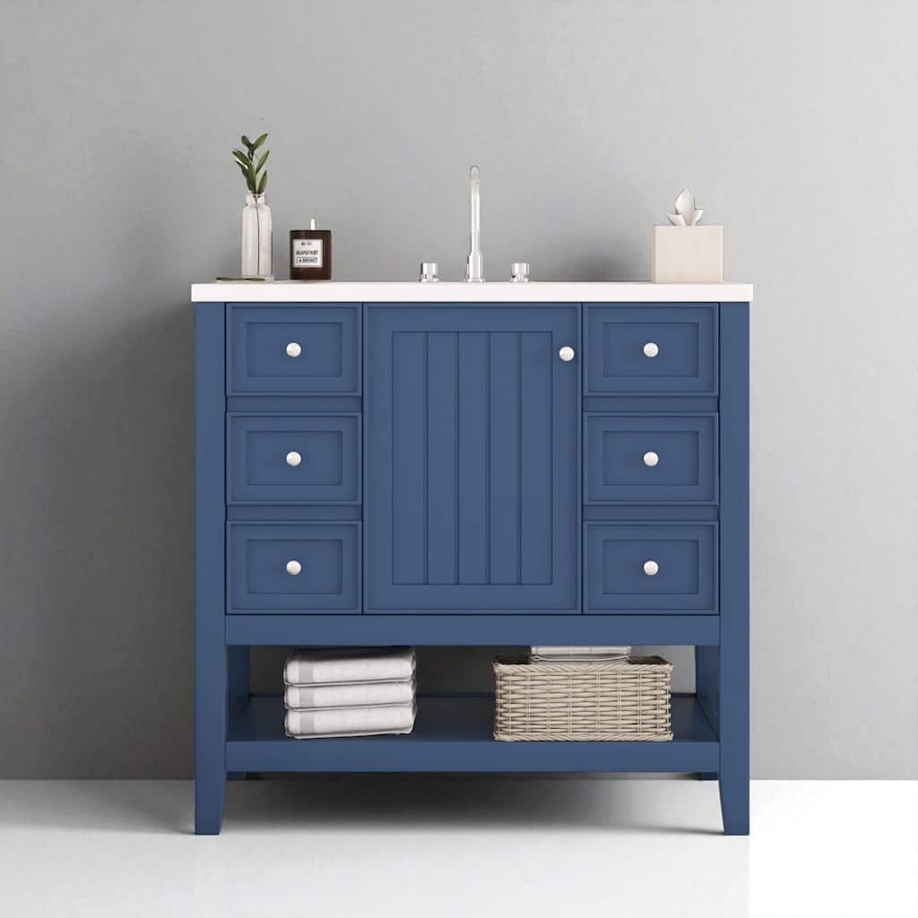 36" Freestanding Bathroom Vanity with Ceramic Sink, Cabinet & 3 Drawers, Solid Wood & MDF Construction