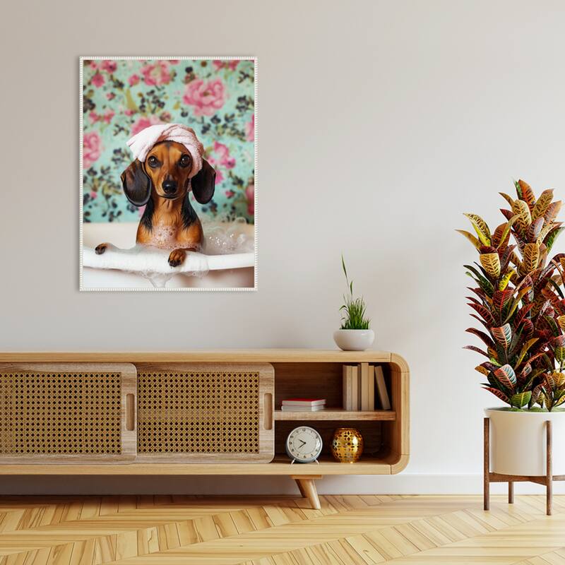 Bath Time Dachshund by Mowzu Framed Canvas Wall Art