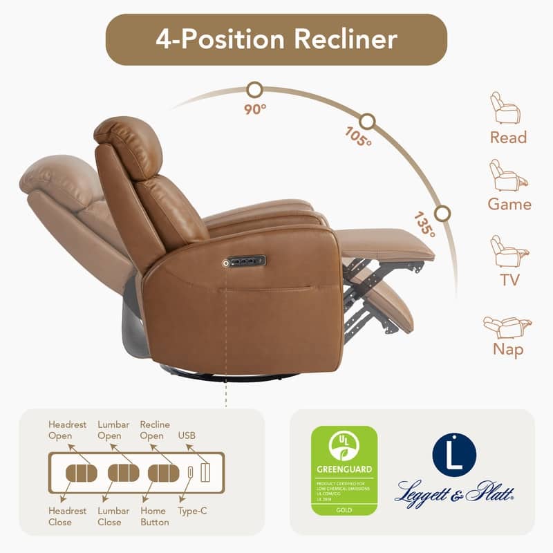 Kinsley Triple Motor Leather Power Swivel Recliner with Adjustable Lumbar