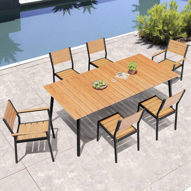 Outdoor Patio Dining Set 7/9 Piece Furniture Set Aluminum Dining Table with Umbrella and Stackable Chairs - Brown - Set of 7 - 82.48 inches