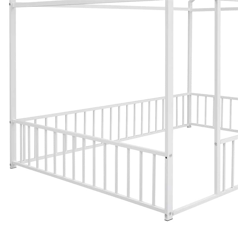 Full Size Metal Bed House Bed Frame with Fence for Kids