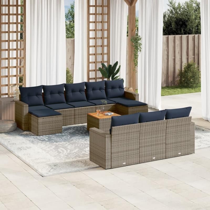 vidaXL 11 Piece Patio Sofa Set with Cushions Grey Poly Rattan - 21.7" x 24.4" x 27.2" - Grey