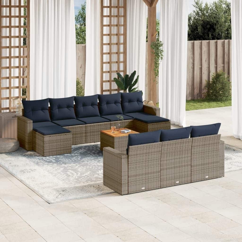 vidaXL 11 Piece Patio Sofa Set with Cushions Grey Poly Rattan - 21.7" x 24.4" x 27.2"