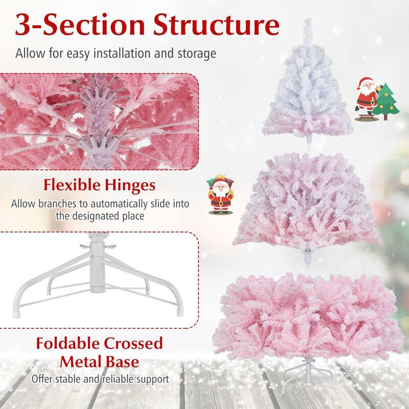 Gymax Artificial Christmas Tree Hinged Snow Flocked Xmas Tree w/ Lush - Pink, White