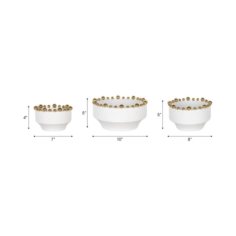 Ceramic Bowls Beaded Edge Elegant Craft Accent (Set of 3) - 4/5" White - 10" x 10" x 5"
