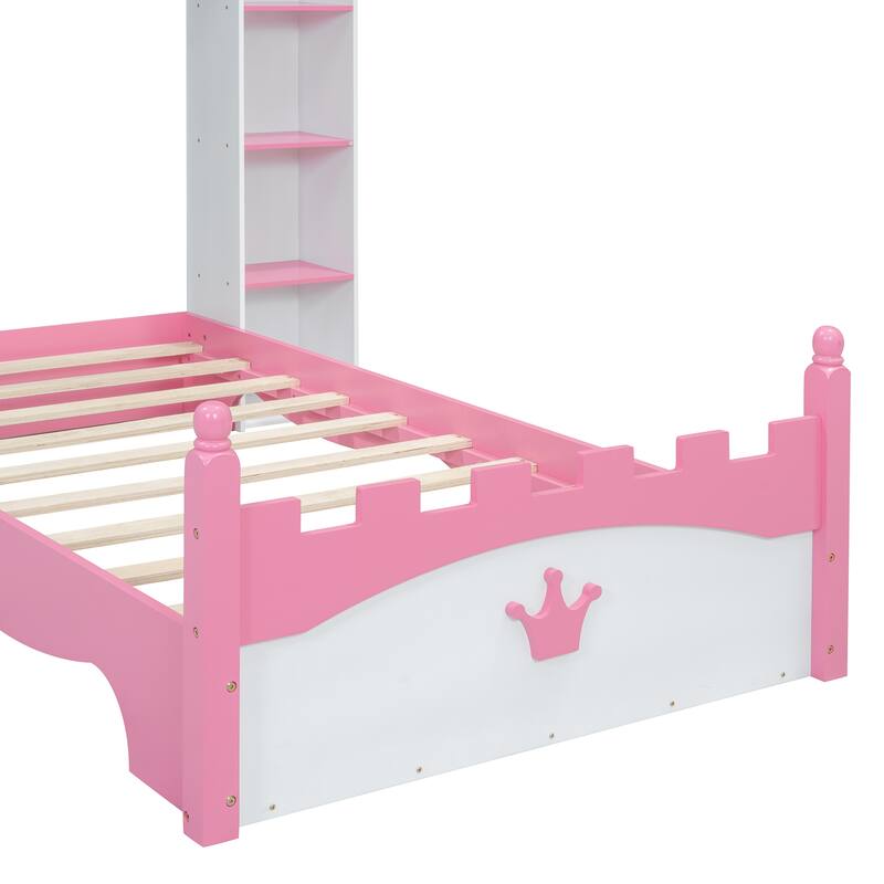 Castle-Shaped Twin Size Wooden Bed with Storage Shelves for Kids, White and Pink