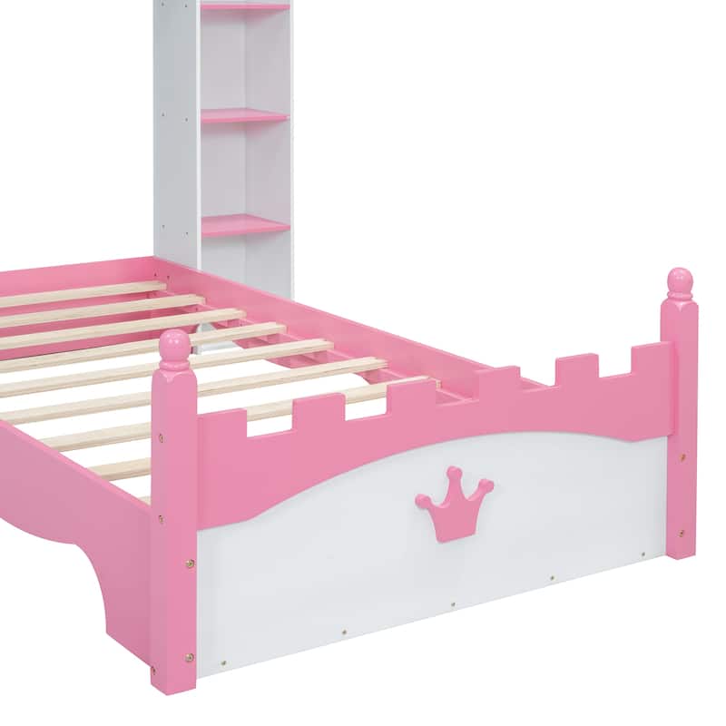 White+Pink Twin Size Castle-Shaped Bed with Storage Shelf