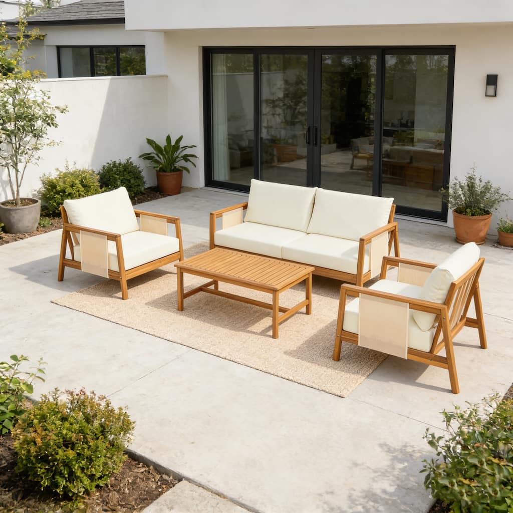 Christopher Knight Home - Arno Mid-Century Modern Outdoor Acacia Wood Sofa Seating Set with Cushions and Coffee Table