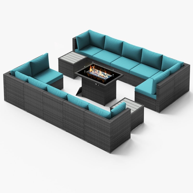 FINCATI Outdoor Grey Wicker Sectional Furniture Patio Sofa Set with Firepit Table