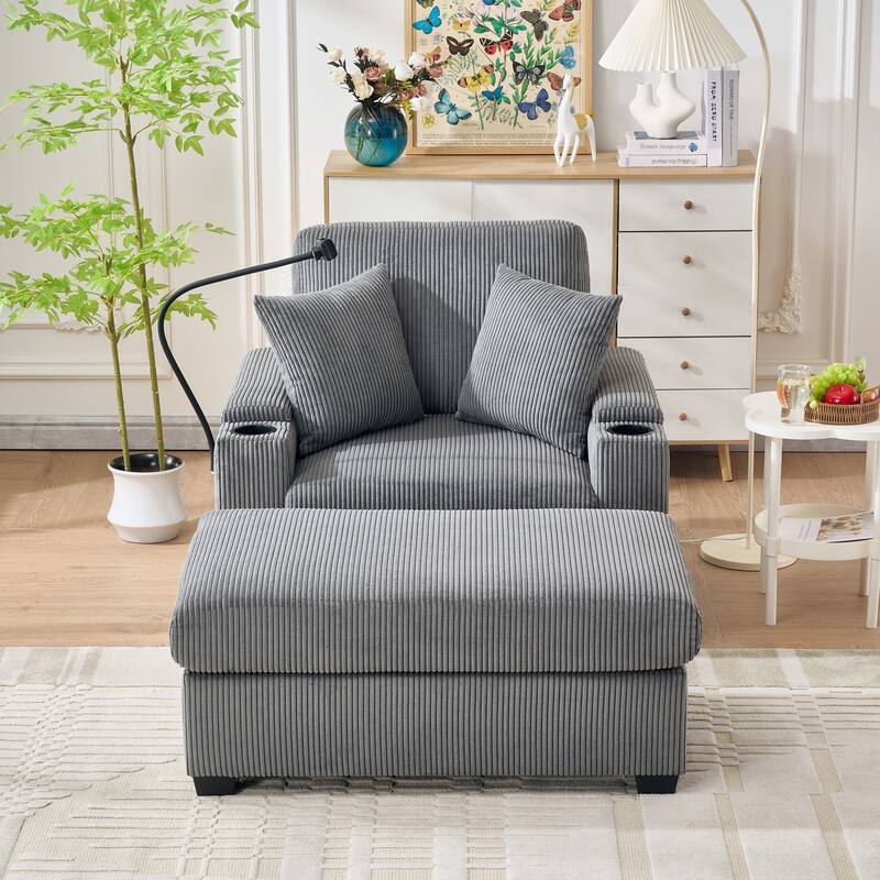 55"Oversized Chaise Lounge Chair with Ottoman and Storage,Sleeper Chair with Cup Holder,Mobile Phone Stand&USB Charging Port
