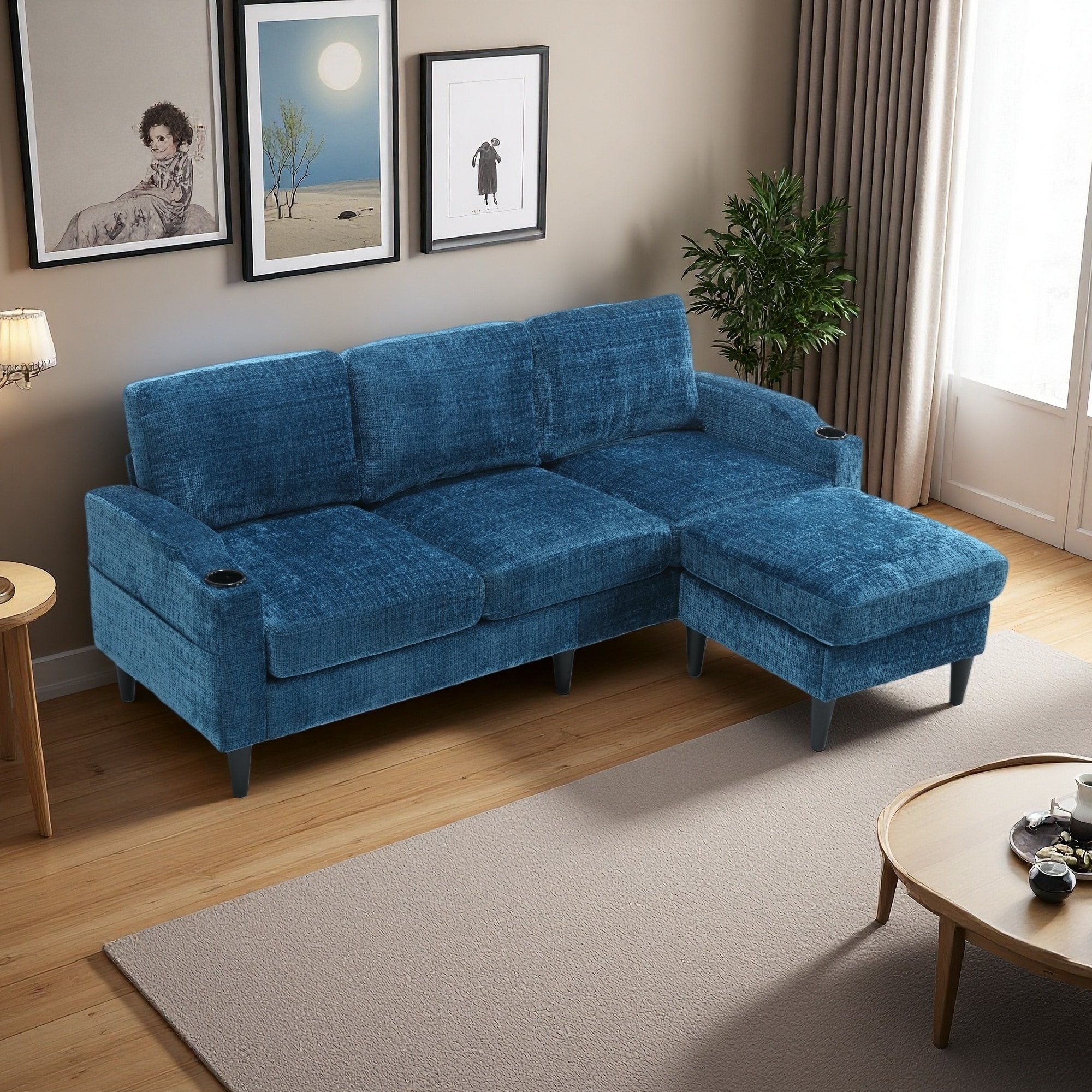 77.36" Chenille L-Shaped Sectional Sofa with Side Pocket, 2 Cup Holders and Storage Footstool (3-Seater)