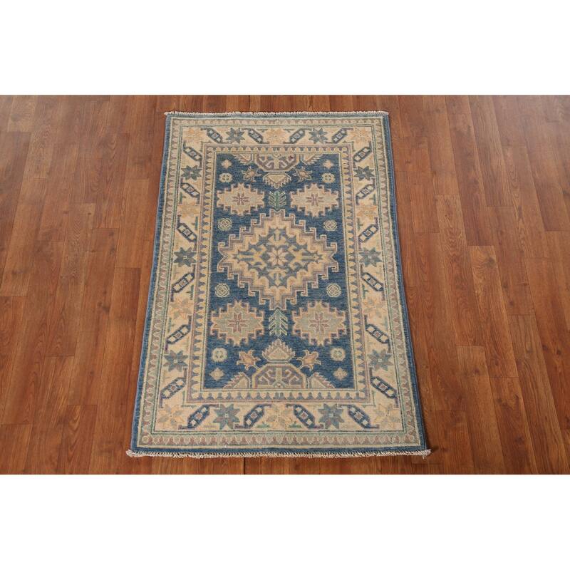 Blue Geometric Kazak Accent Rug Handmade Oriental Wool Carpet - 2'7"x 4'0"