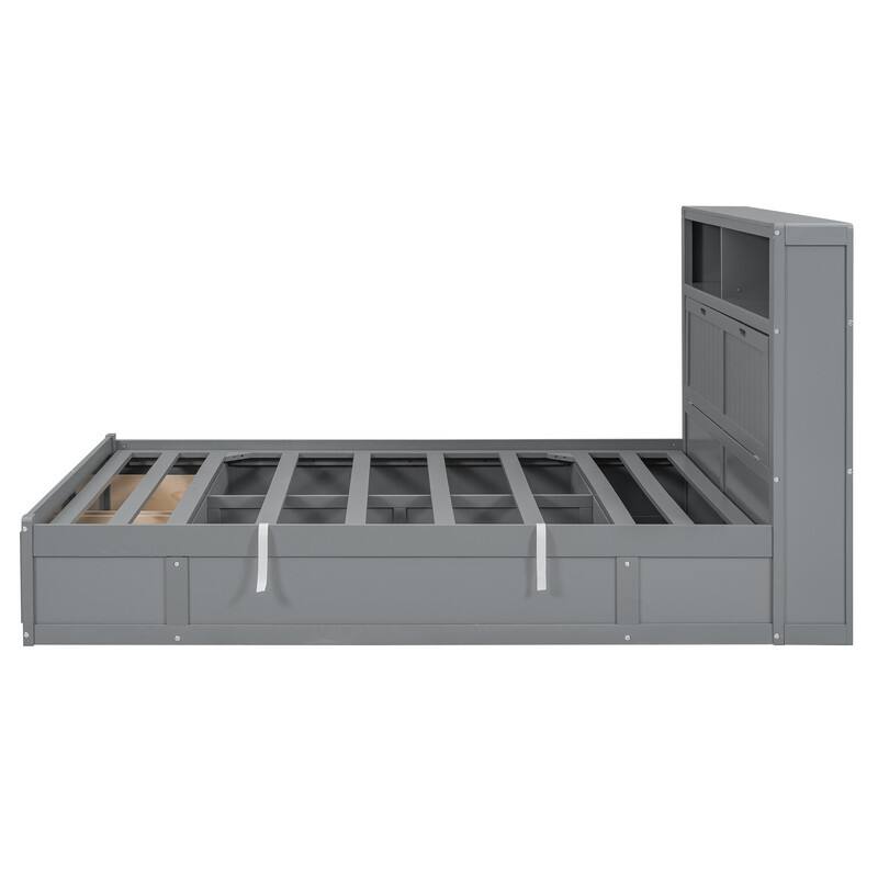 Full Size Wood Platform Bed with LED Headboard Charging Station 2 Drawers Hydraulic Storage