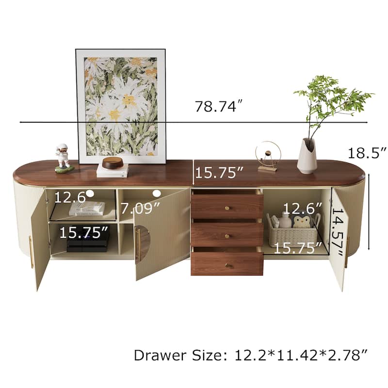 78.74" Mid-Century TV Stands, Fully Assembled,Brown Solid Wood Veneer, Media Console With 5 Cabinets+3 Drawers - 78.74