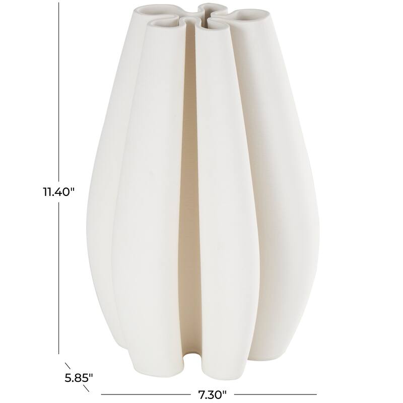 White Ceramic Ribbed Dimensional Concaved Abstract Vase with Floral Shaped Rim