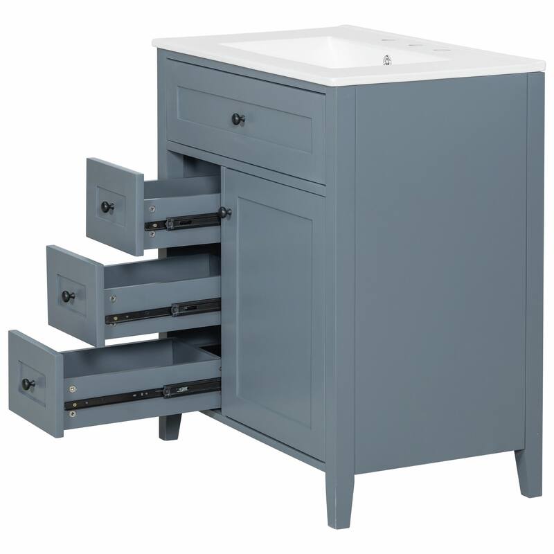 Bathroom Vanity with Sink, Modern MDF and Rubberwood Cabinet with 3 Drawers and Adjustable Shelf