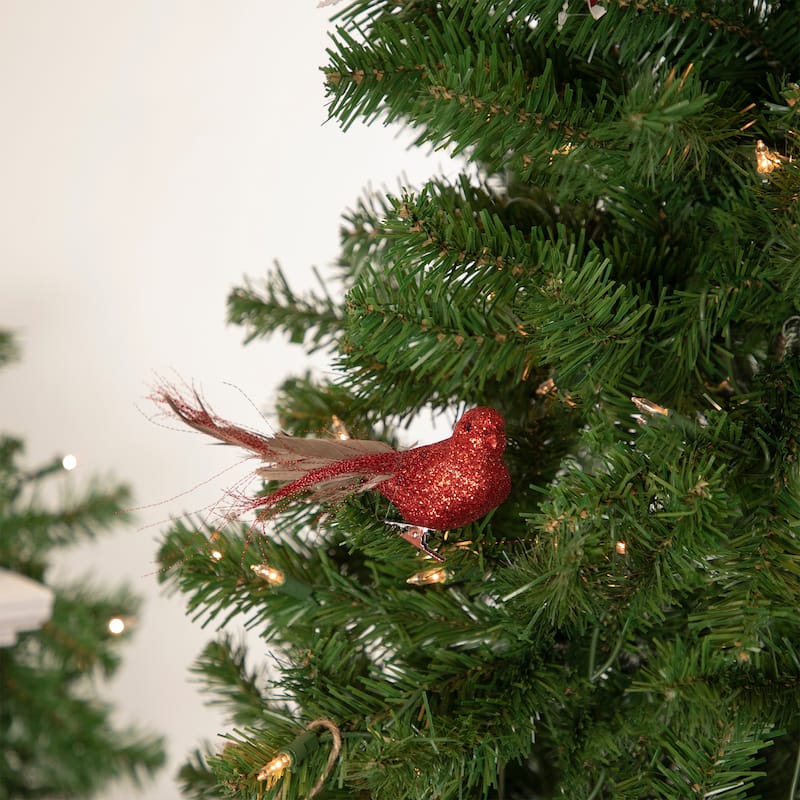 7" Red Brown Glittered Bird Feather Tail Christmas Ornament Clip