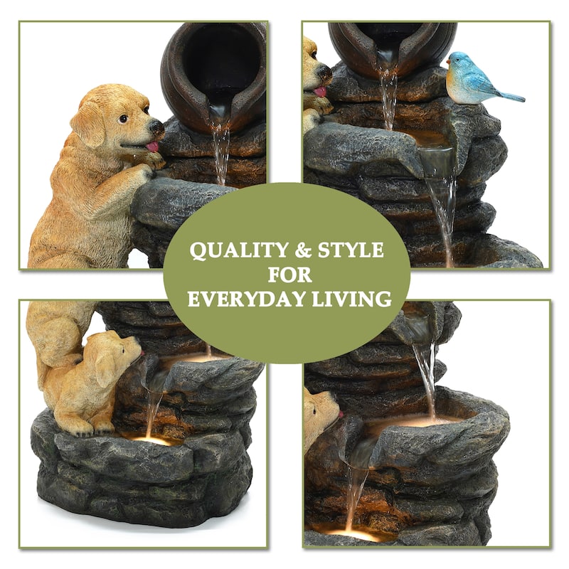 Puppy Rock Tower Farmhouse Resin Outdoor Fountain with Lights