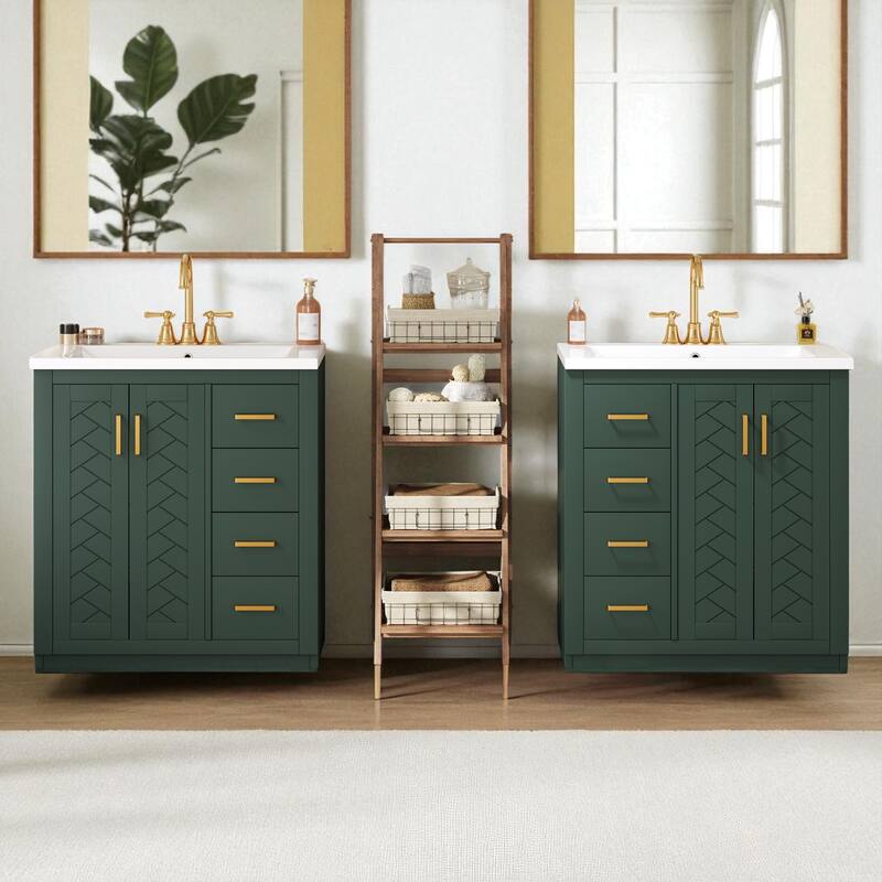 60" Green Bathroom Vanity with Double Ceramic Sink Combo, Solid Wood Frame, 3 Drawers & Soft-Close Doors Freestanding Cabinet