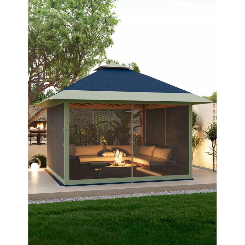 12' x 12' Outdoor Gazebo, Heavy Duty Double Roof Patio Gazebo with Netting and Curtains