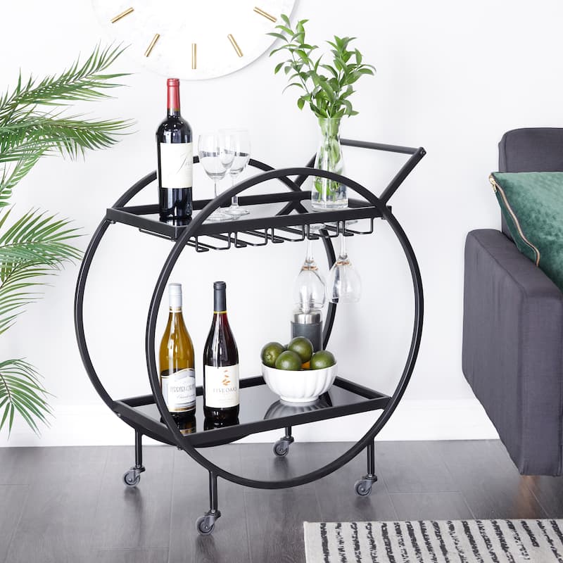 Metal Rolling 2 Mirrored Shelves Bar Cart with Wine Glass Storage and Handle - Rose Gold, Silver or Black - Roche River Decor