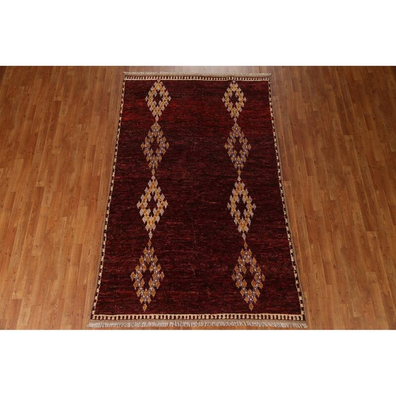 Hand Knotted Oriental 100% Wool Carpet Modern Tribal Red Moroccan Area Rug - 8' 3'' X 5' 3''
