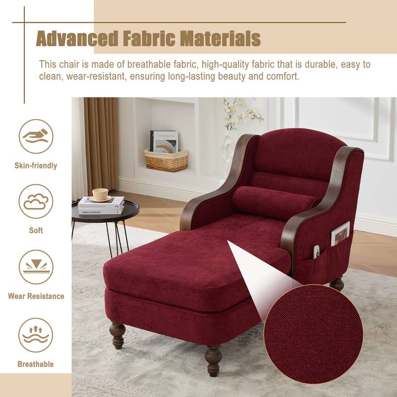 HOMEFUN Chenille Upholstered Wood Frame Oversized Chaise Lounge Single Sofa Bed with Side Pocket for Living Room,Bedroom