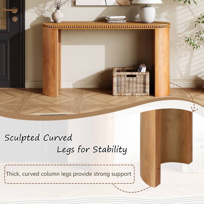 Vintage Console Table With Beaded Trim And Reversible Curved Legs,Natural Wood Veneer Finish-Entryway Accent Table