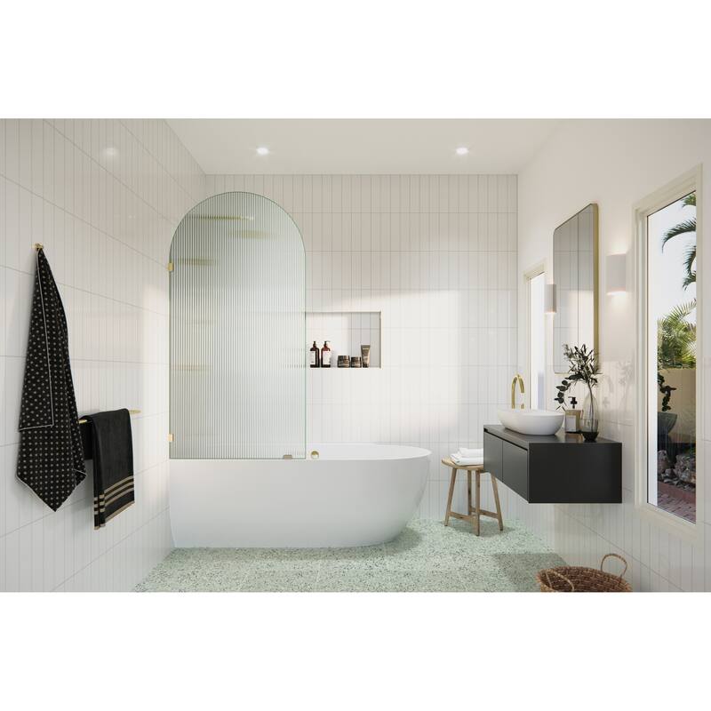 Venus 34 in. x 66.75 in. Single Fixed Frameless Arched Fluted Frosted Bathtub Panel