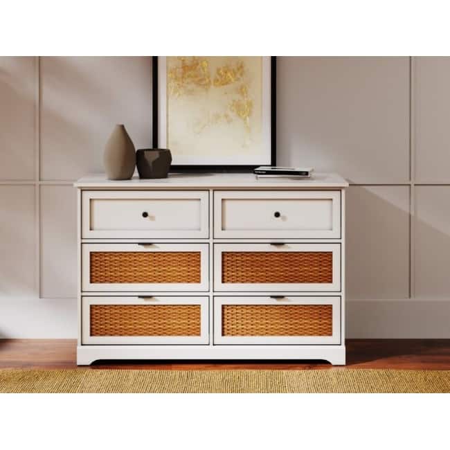 Flank White Wood & Rattan 6 Drawer Dresser