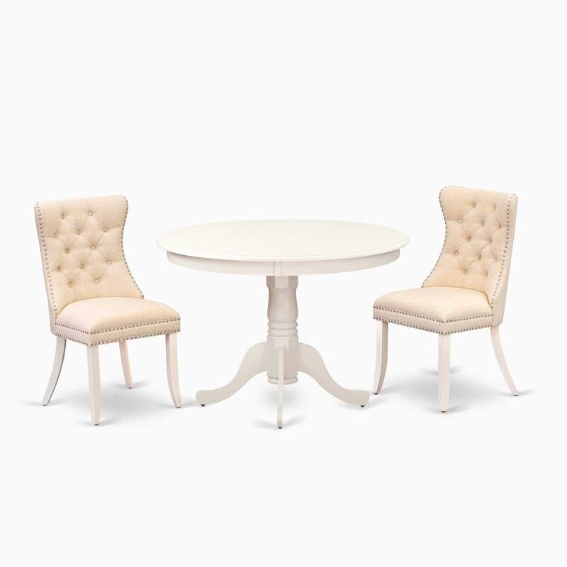 3-Piece Linen White Finish Solid Wood Top-Round Dining Room Set-Seats 4