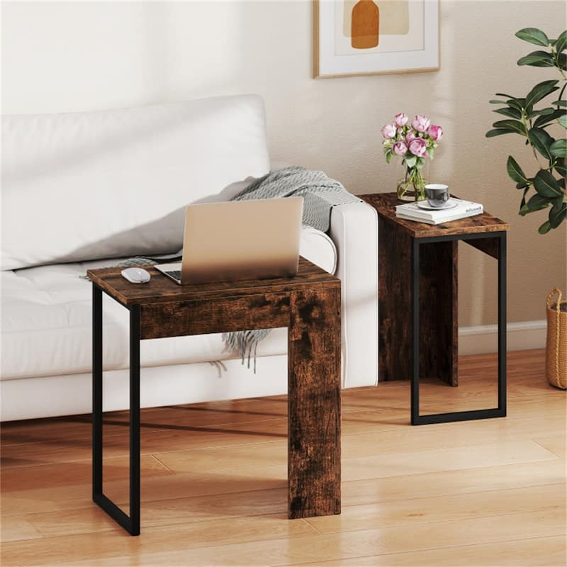 Rustic Brown-Black Metal and Engineered Wood Nesting End Tables Set - Large Table: 20" x 12" x 21"