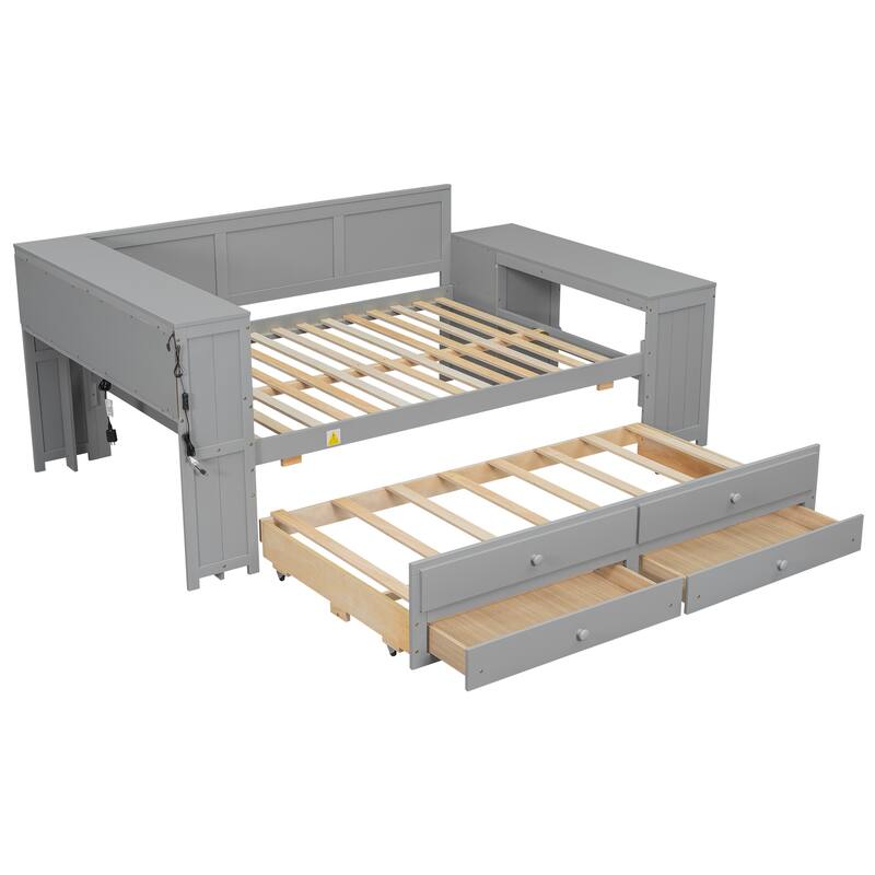 Full Size Daybed with Storage Shelves, Trundle, Charging Station, Desk, and LED Light