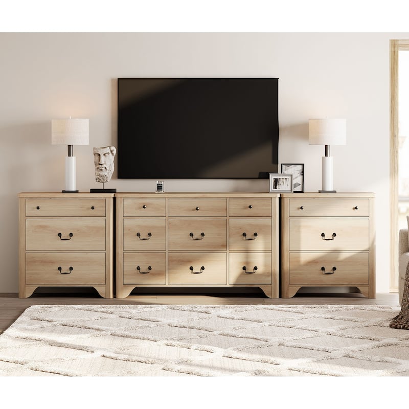 WAMPAT 116.5" W Large Farmhouse TV Stand for TVs up to 120”, Entertainment Center with 15 Drawers - Oak