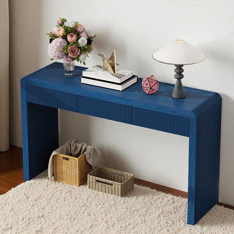 Rustic 55" Console Table with 3 Fluted Drawers, Solid Wood Veneer Entryway Table for Hallway or Foyer
