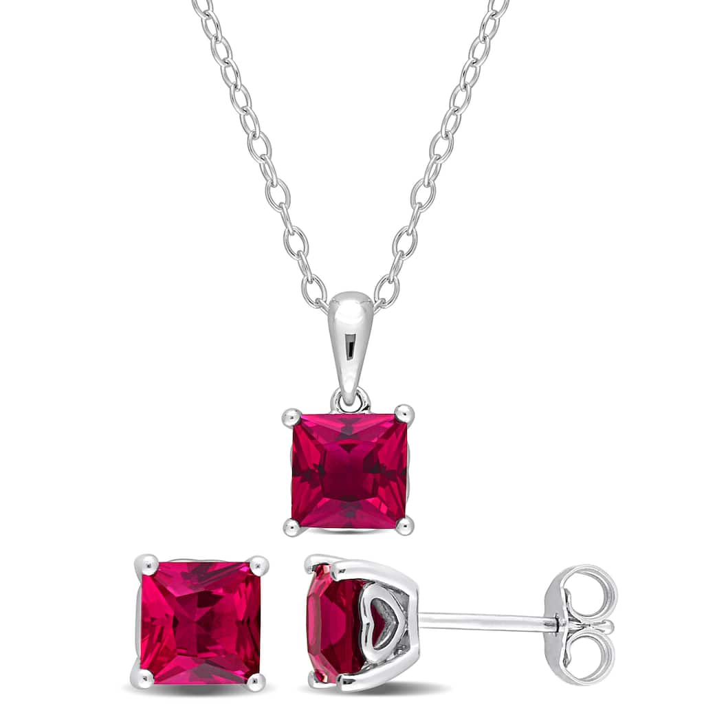 Miadora 4 3/8ct TGW Square Created Ruby Set of Necklace and Earrings in Sterling Silver
