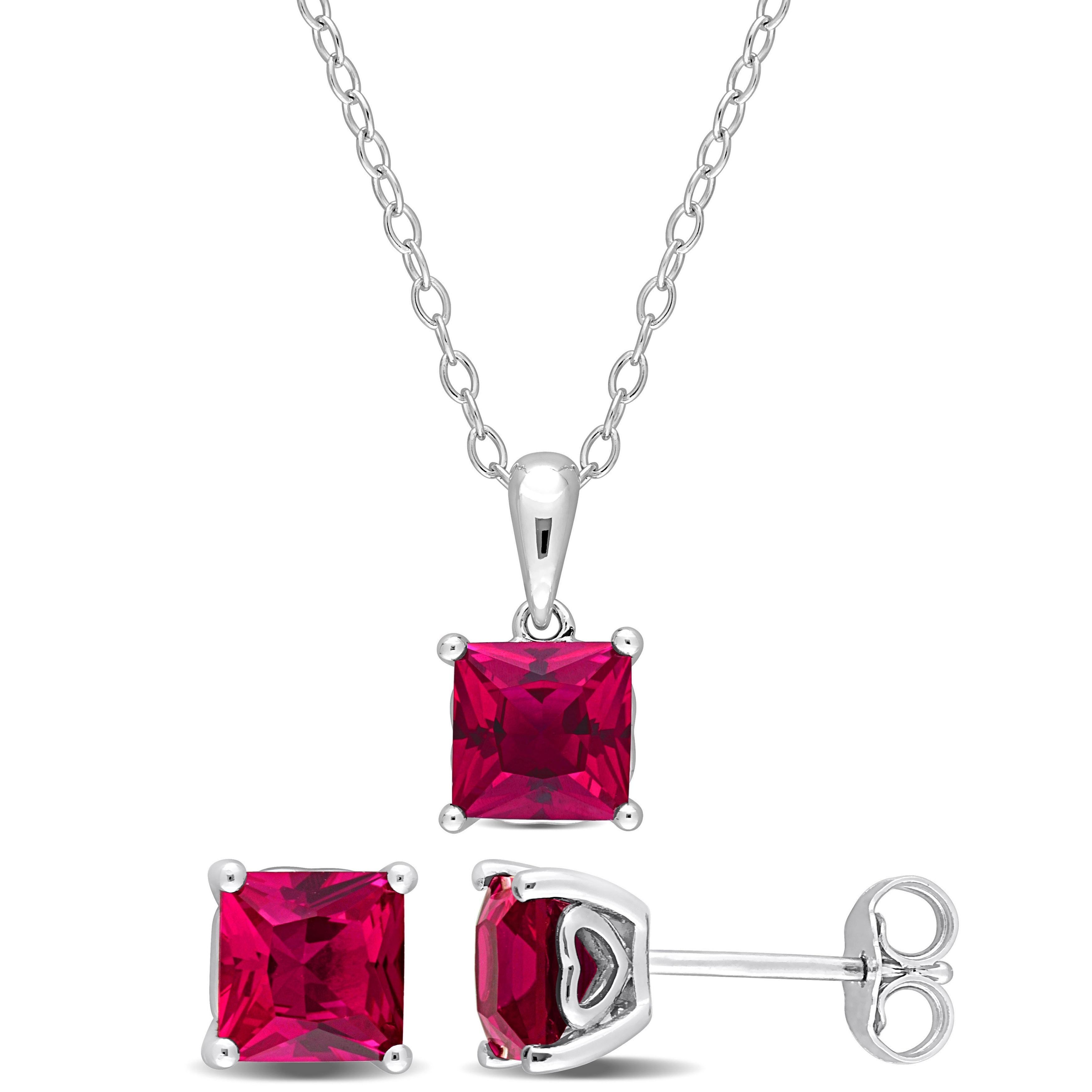 Miadora 4 3/8ct TGW Square Created Ruby Set of Necklace and Earrings in Sterling Silver